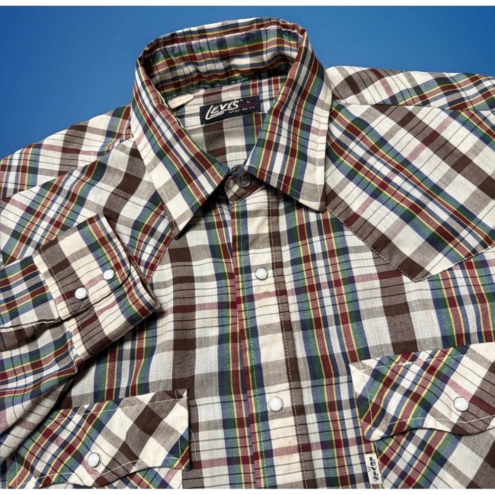 VTG 80s Levi's Western Shirt Mens Large Plaid‎ Pearl Snap Long Sleeve Rodeo Work
